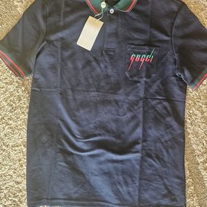 Dark Blue Polo with Red and Green Accents